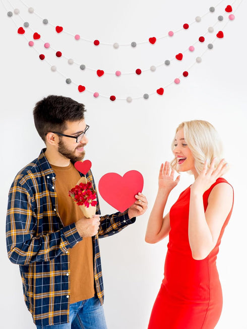 3 Pcs Felt Ball Heart Garlands, Hanging Ornaments for Anniversary, Wedding, Party Decor, Grey White Red