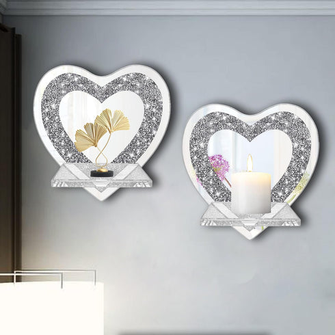 Set 2 ZOLAPI of Crystal Crush Diamond Candle Sconces, Gorgeous Silver Mirrored Wall Sconce, Candle Holder Glass Wall