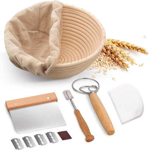 Sourdough Bread Proofing Basket Banneton Bowl with Liner, Handmade Quality Round Indonesian Rattan Baking Supplies