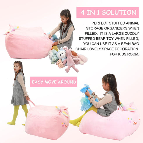 Unicorn Stuffed Animal Toy Storage, Bean Bag Chair Cover ONLY, Velvet Soft Organization for Kids Blankets, Pink