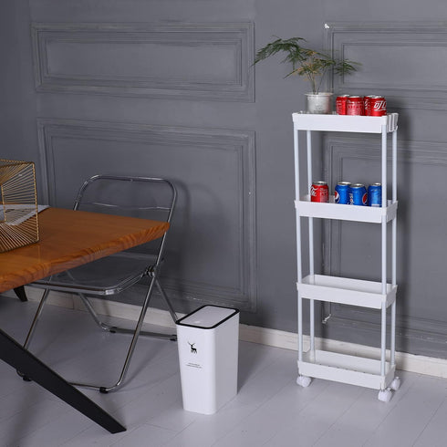 Sooyee 4 Tier Slim Storage Cart, Mobile Shelving Unit Organizer for Kitchen, Bathroom, Laundry, White Plastic & Steel