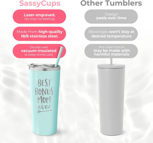 SassyCups 22 Ounce Mint Stainless Steel Insulated Tumbler | Best Bonus Mom Ever | Engraved with Lid & Straw | Stepmom