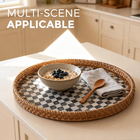 13.8 in Round Rattan Tray with Mother of Pearl Inlay, Wicker Serving Tray Mother for Decor, Rattan Round Wicker Coffee