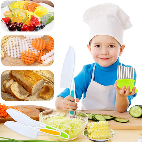 4 Pcs Kids Knife Set, Nylon Kitchen Knife with Crinkle Cutter, Plastic Toddler Chef Knife for Real Cooking