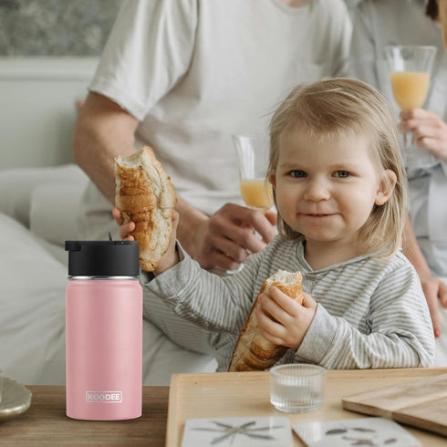 koodee 12 oz Stainless Steel Water Bottle, Double Wall Vacuum Insulated Flask with Wide Handle Straw Lid (Light Pink)
