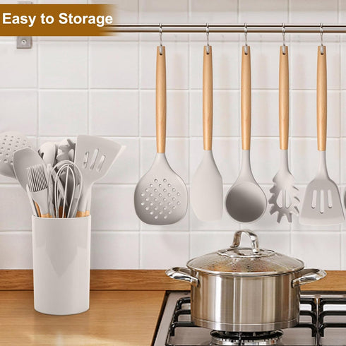 LIANYU 15-Piece Kitchen Cooking Utensils Set with Holder, Silicone Tools for Nonstick Cookware, Khaki