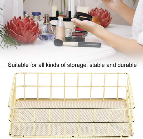Wire Mesh Basket, Golden Desktop Metal Storage Tray for Home Cosmetic Stationery (9.6 x 6.5 x 2.6in)