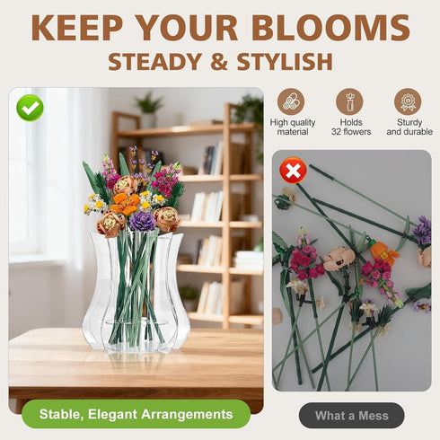 Xykzra Set Vase for Lego Flowers Bouquet Upgraded, Acrylic Display Holder Compatible with Lego Botanical Collections