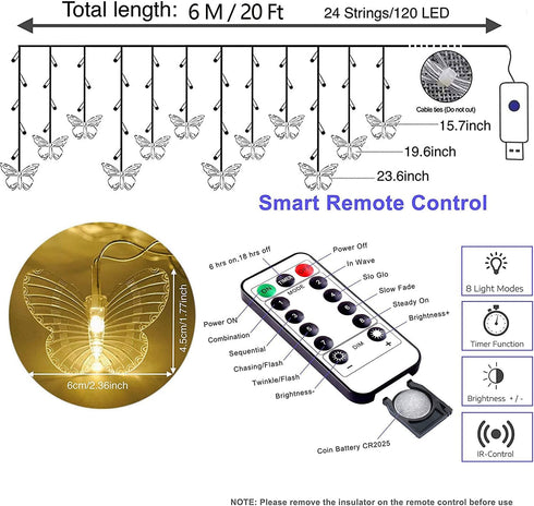 20Ft 120LED 24 8 Curtain Butterfly String Light Window USB Fairy Lights Butterfly Modes with Remote Control for Room