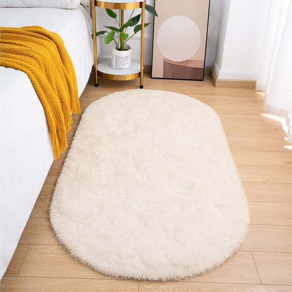 Fluffy Cream Bedroom Rug, Oval Shaggy Area Rug 2.6 x 5.2 Feet Cute Small Carpet for Kids Room Nursery Home Decor