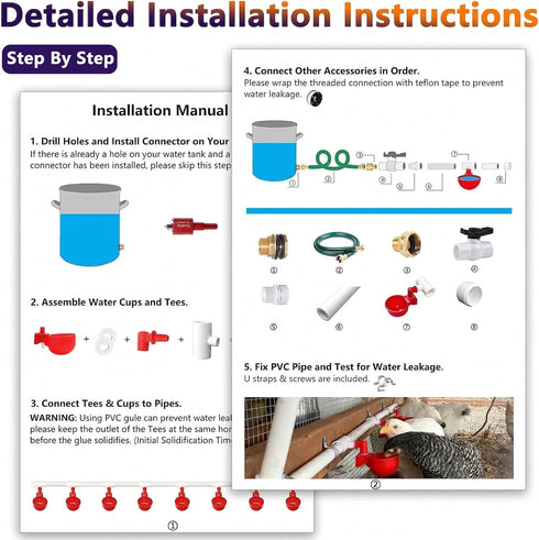 Set 1/2" Automatic Chicken Watering System with PVC Pipe (Real Complete Pipeline) - PVC Tee Fittings & Pipe & Garden