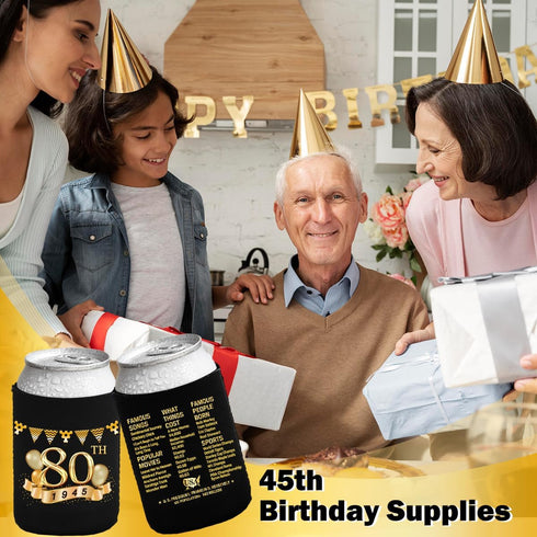 80th Birthday Decorations for Men & Women, 12-Pack Black & Gold Party Supplies, Beverage Can Cooler Sleeves