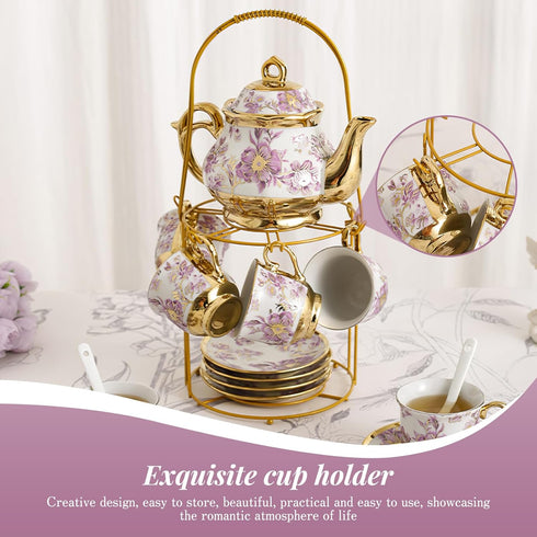 20 Set Sets Set Set Pcs Porcelain Tea with Metal Holder European Flower Tea for Adults, Ceramic Tea Party European