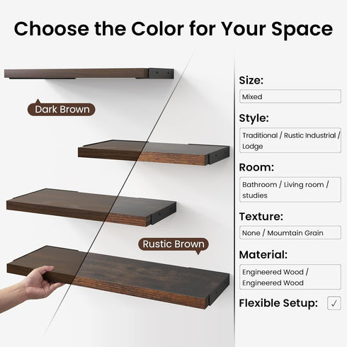 Brown,Set 3) BAYKA Floating Shelves for Wall, Book Shelf for Bedroom, Wall Decor Shelves for Living Room Kitchen, Wood