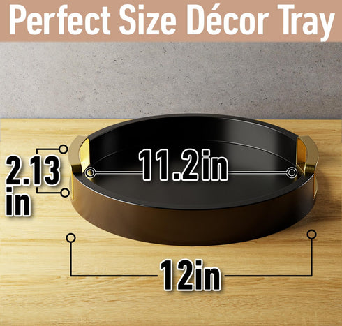 12 Inch Round Decorative Tray - Round Black Tray with Gold Metal Handles - Stain Resistant Serving Trays for Decor