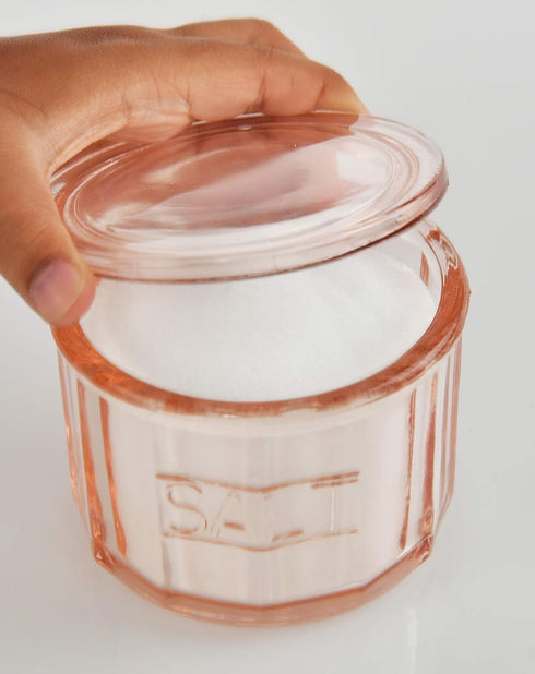 3 1/2" 4" HOME-X Depression Style Pink Glass Salt Cellar with Lid, Retro Kitchen Decor, Wedding Gift - H x D
