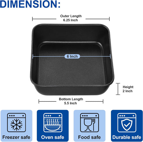 E-far 6 Inch Square Cake Pan, Nonstick Small Baking Pan with Stainless Steel Core for Brownies Lasagna Cakes, Non-toxic & Easy Clean, 2 Inch Deep (Black) by E-far