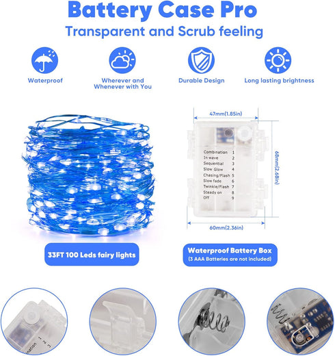 1 Pack 32.8 Ariceleo Ft. Battery Operated Outdoor String Lights with Remote & Timer, LED Blue Fairy Lights, Waterproof