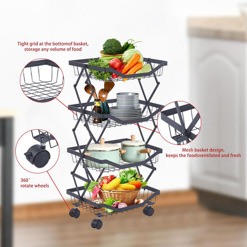 ULIKEUS 4 Tier Fruit Basket for Kitchen Stackable Metal Wire Fruit Vegetable Basket with Wheels Narrow Corner Rolling