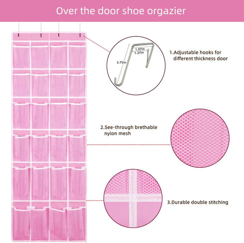 Hanging Shoe Organizer - Over The Door Shoe Storage Rack with 24 Breathable Mesh Pockets for Men, Women, Kids (Pink)