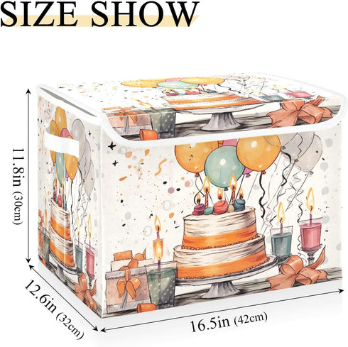 xigua Happy Birthday Pattern Storage Bins with Lids, Foldable Organizer Containers for Home, Bedroom, Office, Nursery