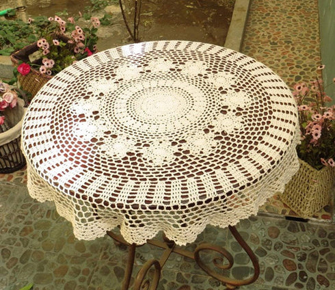 Hetao 100% 35 Inch Cotton Handmade Crochet Round Tablecloth Doilies Lace Table Covers,Beige