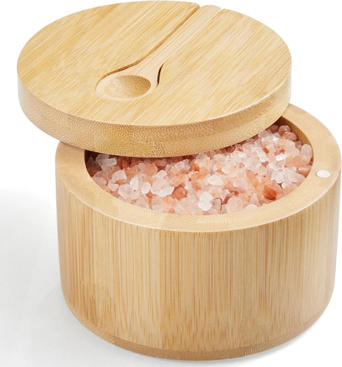 OUTNILI Salt Box Bowl with Lid and Spoon - Bamboo Salt Cellar with