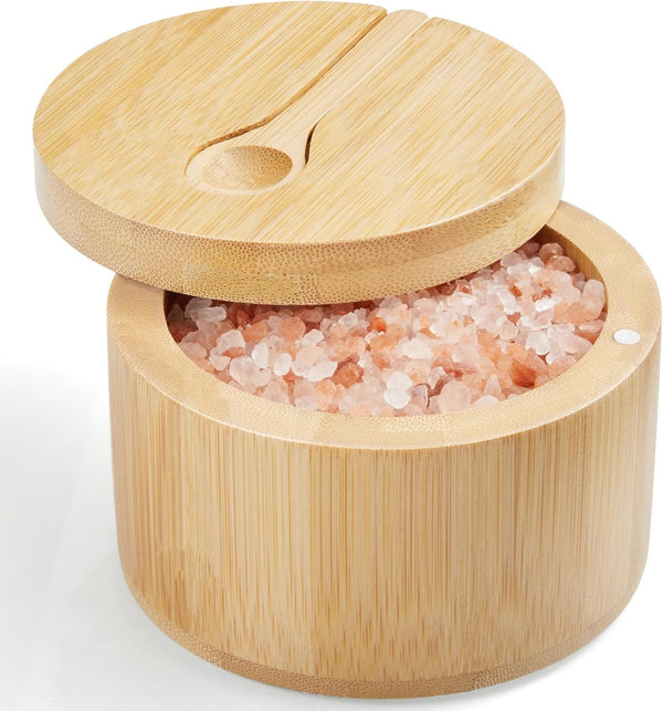 OUTNILI Salt Box Bowl with Lid and Spoon - Bamboo Salt Cellar with