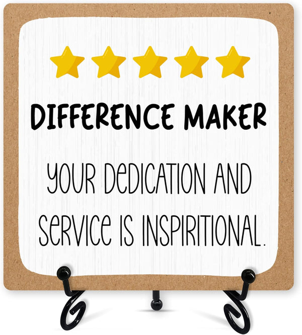 Office Wood Desk Decor, Difference Maker Sign with Iron Stand, Inspirational Gifts for Coworkers, Friends, Boss Leader