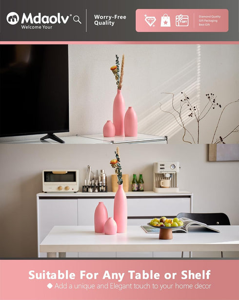 Mdaolv Set 3 Matte Pink Vase of - Modern Boho Aesthetic Bud Ceramic Vases Home Decor - Centerpieces Decor for Dining