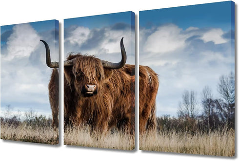 TUMOVO Brown Highland Cow Wall Art | 3 Piece Canvas Prints, 36" Wx24 H, Framed Ready to Hang Decor