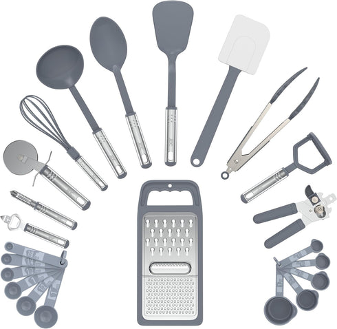 LUX Decor 23 PCS Kitchen Utensils Set - Non-Stick Nylon Cooking Spatula Set with Stainless Steel Handles - Grey