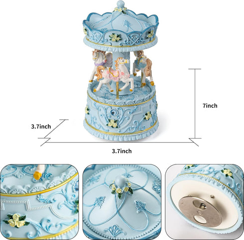 Elegant Blue Carousel Music Box,Handcrafted Rotating Horses & Floral Details Musical Figurine