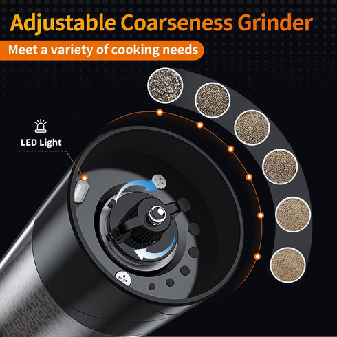 Electric Salt and Pepper Grinder, USB Rechargeable with Warm LED Light, Adjustable Coarseness, Large Capacity, Black