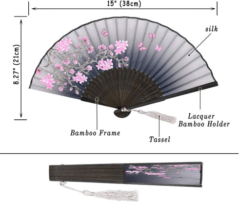 Small Folding Hand Fans for Women - 2pcs Vintage Bamboo Silk Fans for Dance, Music Festival, Wedding, Party (Grey &