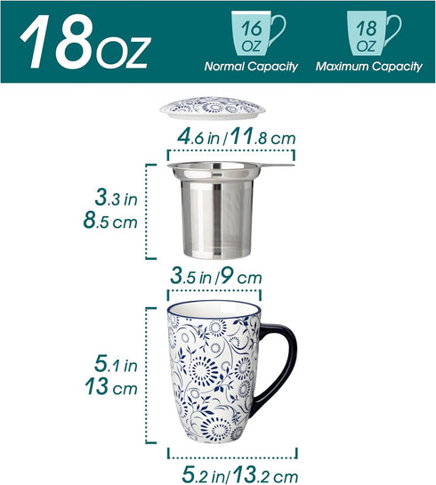 18 oz vancasso SELENE Porcelain Tea Mug, Porcelain Tea Cup with Infuser and Lid Steeps Loose Leaf Tea, Microwave