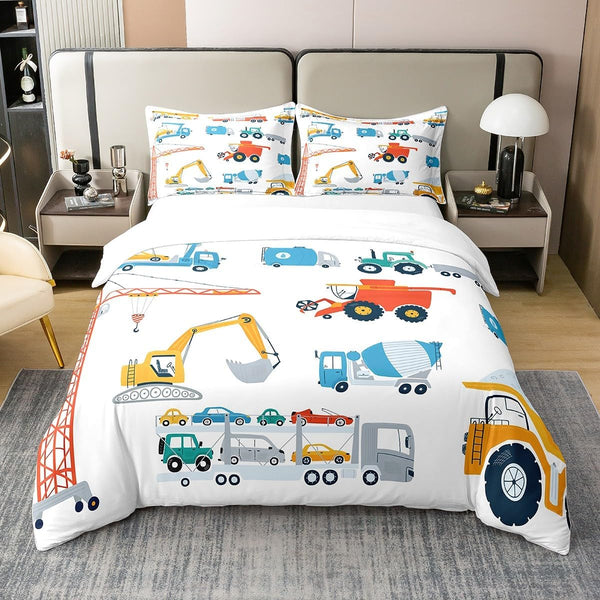 Cartoon Cars 100% Cotton Duvet Cover Queen, Colorful Building Machine Comforter Cover for Kids Boys Girls, Red Blue