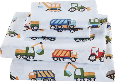 Fancy Linen Construction Excavators Dumping Trucks Tractors Light Blue Red Yellow Dark Blue Sheet