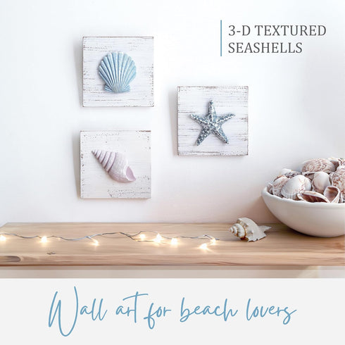 TideAndTales 3D Beach Wall Art - Set of 3 Seashell Decor with Starfish for Beach Bathroom and Coastal Decor