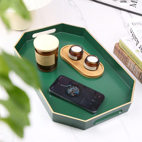 15.7"*10.2"*1.57" Green Decorative Tray with Handles, Versatile Serving Tray for Coffee Table, Ottoman, Ideal