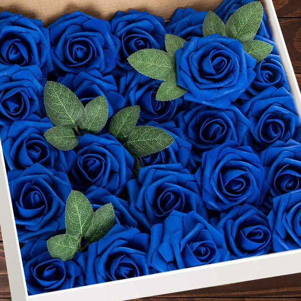 Artificial Flowers 25pcs Royal Blue Foam Fake Roses with Stems for DIY Wedding Bouquets