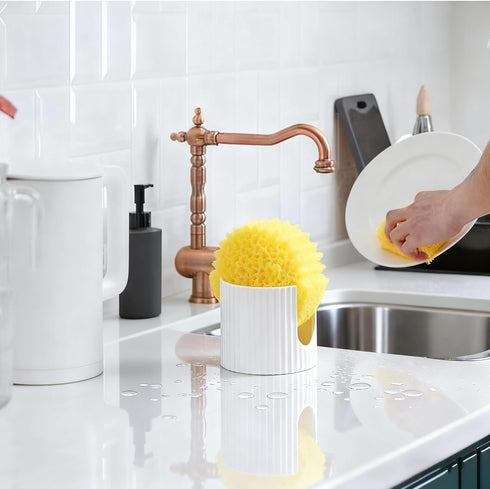 Countertop, Ceramic Sponge Holder for Kitchen Sink - Dishwasher Safe Porcelain Dish Sponge Caddy Minimalist Vertical
