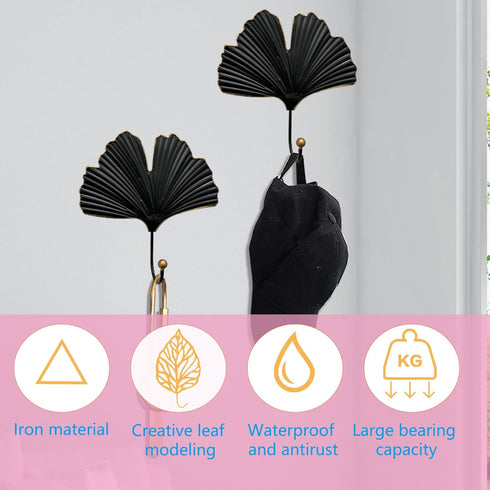 2pcs Modern Iron Single Hooks, Leaf Decoration Style for Wall Mounted Coats, Hats, Handbags, Home Decor (6in Black)