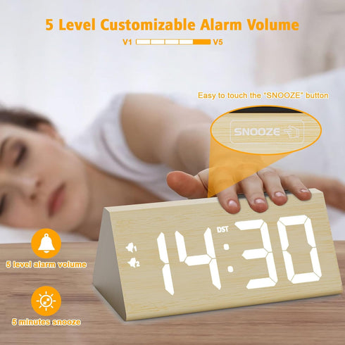 fomobest Dimmable, Snooze, Wooden Digital Alarm Clock with Dual USB Charging Ports, DST, Modern Large Time Display LED