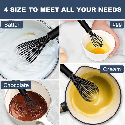 Silicone Whisk Set, Non Scratch Whisk for Nonstick Cookware, 4pcs (5+7+9+11in) for Blending and Kitchen Cooking