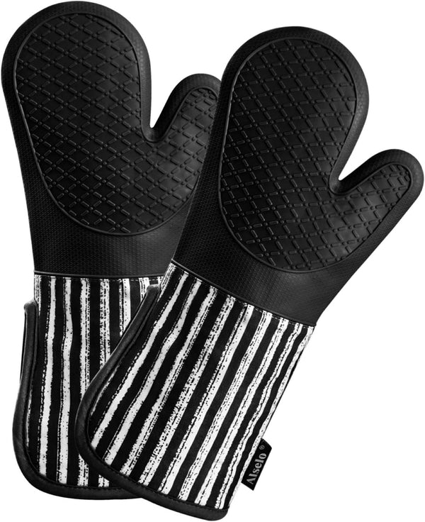 Silicone Oven Mitts - Heat Resistant 932?, Set of 2 Extra Long Kitchen Mittens with Soft Cotton Terry Lining