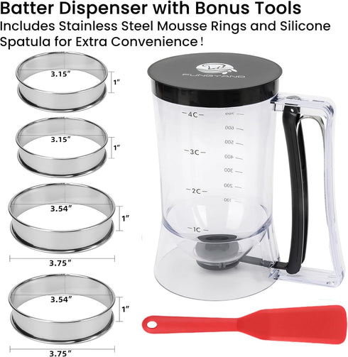 Fungyand Pancake Batter Dispenser - 4 Cups Complete Set with Muffin Rings, Spatula, Ideal Baking Tools for Pancakes