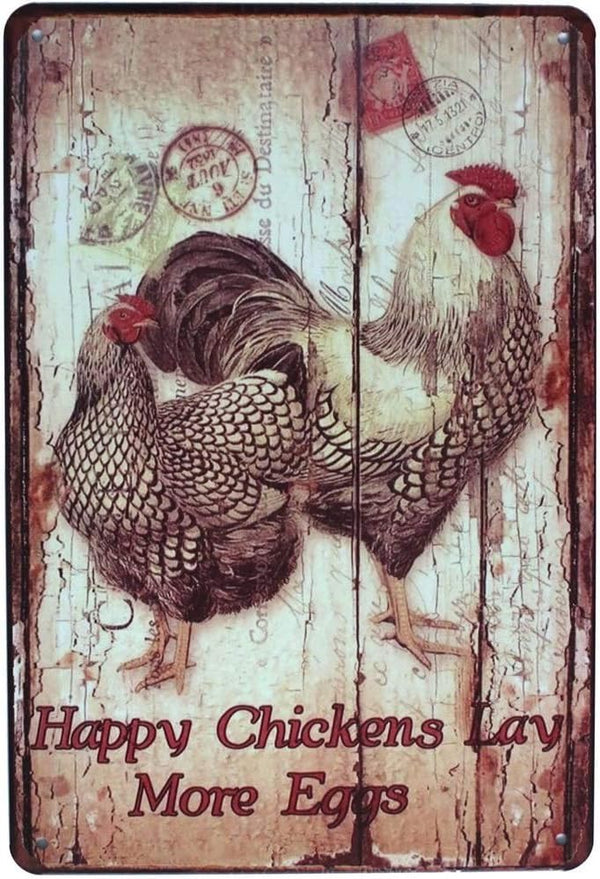 Happy Chickens Lay More Eggs Rooster Decor, Metal Tin Sign, Wall Ornament, Farm & Bar Decor, 8" X 12"
