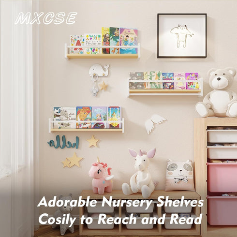 Set 3 15.8 Inches) MXCSE Nursery Floating Bookshelf for Kids, Wall Mounted Kids Book Shelf with Toy Storage, Pine Wood