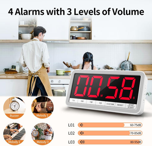 VOCOO Digital Kitchen Timer, 7.8” Extra Large Display, Magnetic LED Timer with 4 Alarms for Cooking and Home Gym